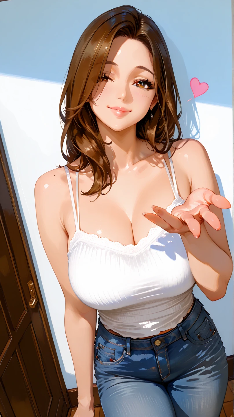 (RAW Photos), (Realistic), (Photorealistic), Ultra-high resolution, masterpiece, Highest quality, Portraiture, facial Portraiture, Perfect lighting, Detailed lighting, Dramatic Shadows, Ray Tracing, 1 Japan Beautiful, 40 years old, Sensual, Cleavage, Plump figure, Symmetrical eyes, Beautiful and delicate brown eyes, Fuller lips, Red lips, Ultra-high resolutionの完璧な美しい歯, ((Big Breasts:1.2)), Big Ass, Thick and wide thighs, Long Wavy Hair, Black Hair, Earrings, Mouth half open, smile, View your viewers, (camisole:1.2), (Denim mini skirt:1.2), Revealing clothing, Japan Streets,