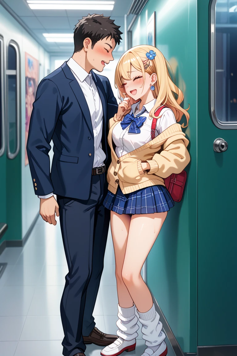 １Man girl、top-quality、超A high resolution、Colossal tits、breastsout、Wavy blonde hair、Picture-perfect face、、Beautiful expression、beauitful face、beautidful eyes、High School Uniforms、Schoolgirl Uniform、a miniskirt、White T-Pack、beauty legs、Subway train interior background、In a crowded train、(Lots of men on the train、Male molesters、Molestation on the train)、(((( Man standing behind schoolgirl、A man lifts a skirt from behind a schoolgirl、A man grabs a schoolgirl buttocks from behind、A man grabs a schoolgirl's chest from behind、Touching the chest))))、(insertion(SEX)　、Ejaculation on the body、Massive ejaculation)、fear expression、blushed face、