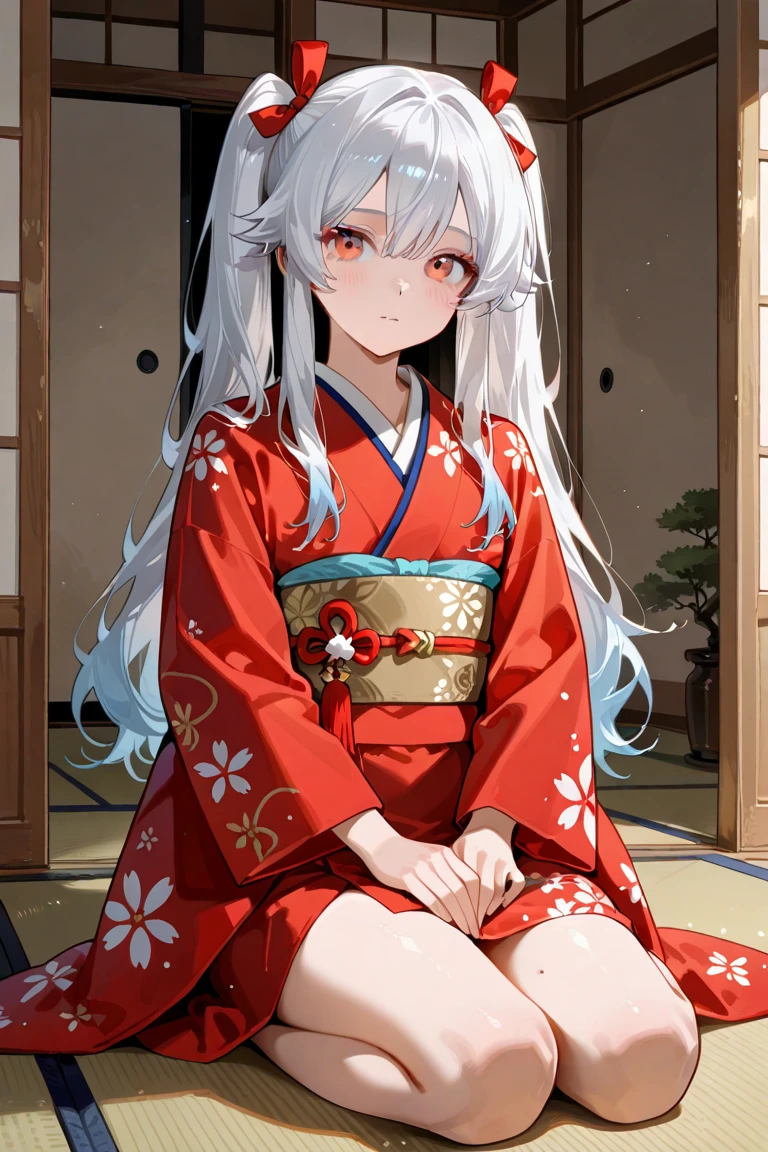 (masterpiece:1.2, Highest quality),(Anime Style),Visible from the knees to the head,Demon horns growing from the forehead,Young Girl,Japanese-style room,Red Eyes,Gray Hair,Long Hair,kimono