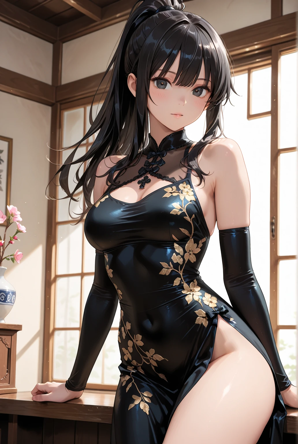 a sexy woman, (best quality), (masterpiece), (1girl), slim, anime, (flat chested), (chinese dress), (sitting), (protrait), (full body view), (spread legs)