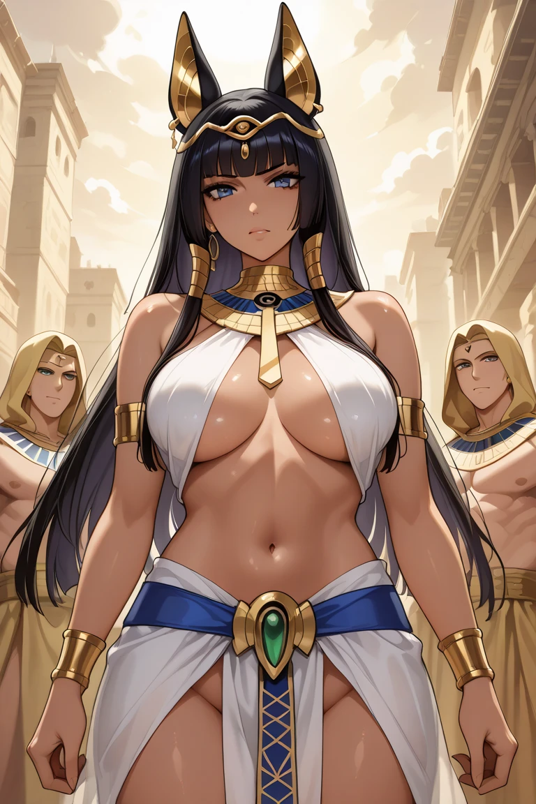 woman, light pink hair, long hair, open forehead, without bangs, big breasts ancient egypt, nefertiti, naked hips, clothes of ancient Egypt