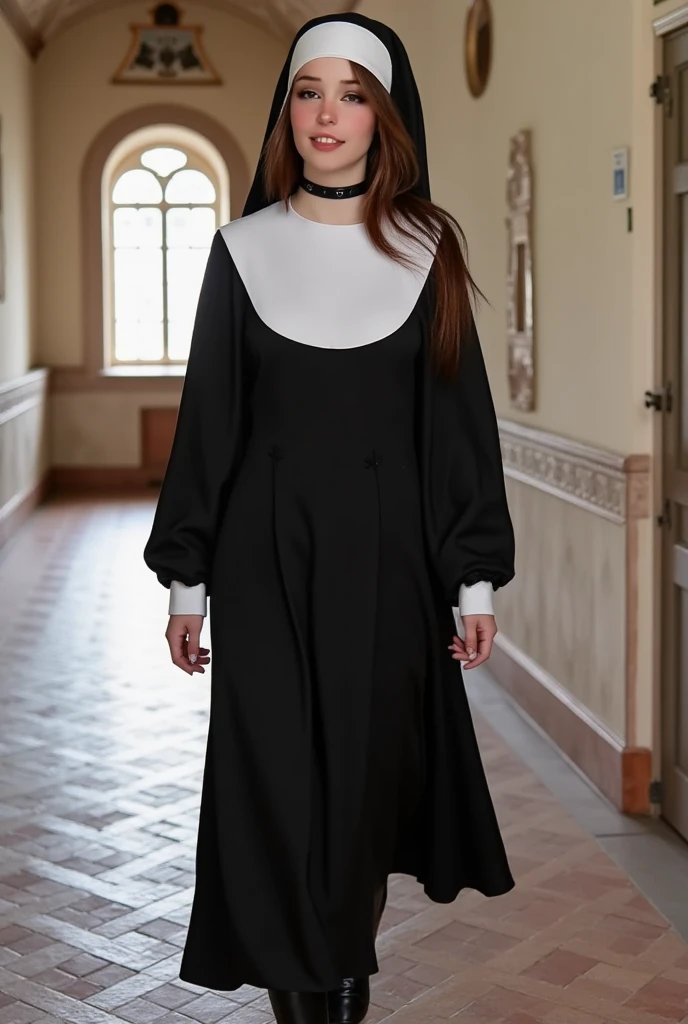 (8k resolution:1.1), (solo:1.5), (masterpiece:1.3), (High definition:1.1), (ultra quality:2.0), (crisp:1.1), (sharp:1.1), (Reality:1.6), (Dynamic Angle:1.3). scene: (full body, solo, (AIDA_MalPo:0.95)) blushing face, (single hair bun:1) (cute,), perfect glistening skin, (wearing modest nuns habit cross necklace long sleeves black dress :1.3). (location: spanish mission:1.4)  ,<lora:nun_cos_v10:0.6>