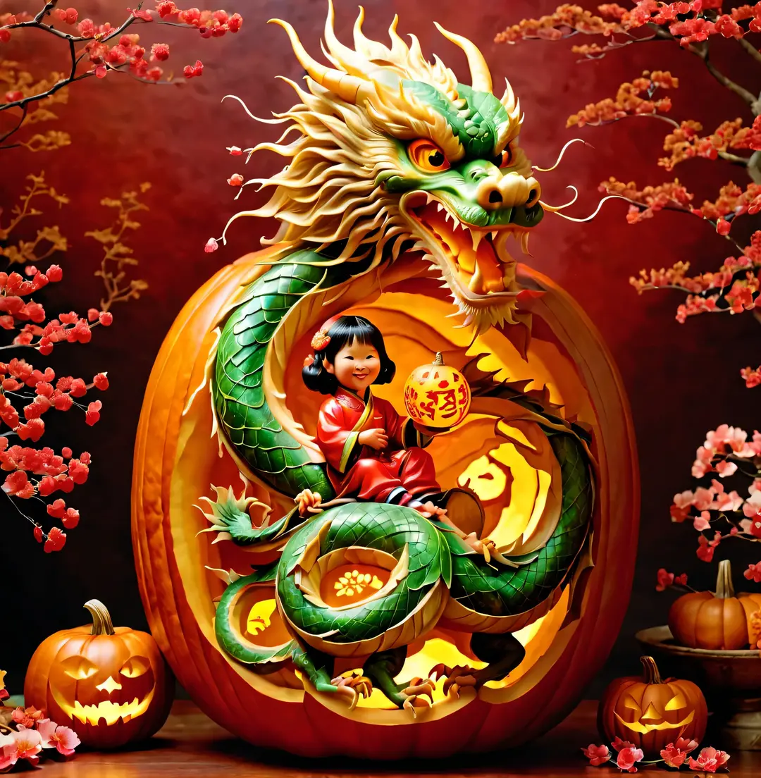 (Inside the pumpkin carved a Chinese dragon and a cute child:1.3), Charming and Delightful Pumpkin Carving,a big pumpkin,It engraved with a child and a Chinese dragon,Children wearing traditional Chinese clothes,smiling,Holding a small lantern,standing playfully、Next to the friendly Chinese dragon。Dragon scale snake shape,with red lantern、fireworks、Plum blossoms intertwined with other festive elements,Symbolizes joy and prosperity。The whole scene filled with enthusiasm、Happy new year celebration atmosphere,Full of color and life