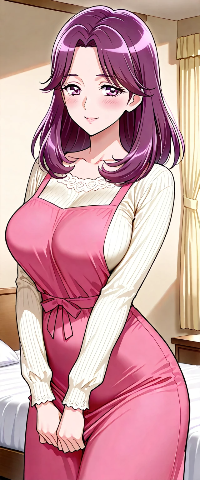 Beautiful medium breasts, 1girl, ((purple hair, wavy hair with bangs)) ((beautiful girl)) light green eyes, has an beautiful sensual body with freckles, with full breasts and thin waist, HIP HOP Beautiful and cute Long pleated skirt, red long-sleeved tank top, transparent sleeves women's belt, fabric delicate, has a bold appearance. young, quality, realistic, best quality, cute expression, pink lipstick lips, sexy smile, leaning, In the beautiful romantic house