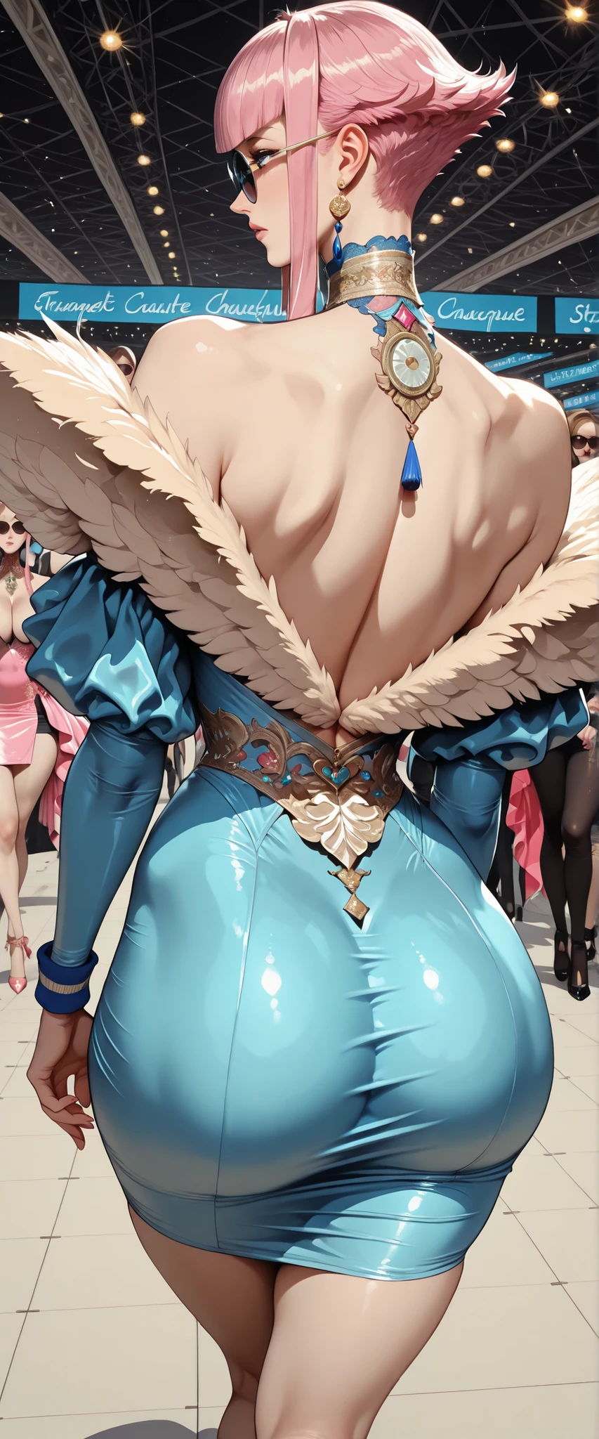 (solo:1.4), (from behind:1.4), (big breasts, erect nipples), ilmanon, manon,manonsf, pink hair, blue eyes, short hair with long locks, (((skintight dress, haute couture))), dynamic dress color, multiple cutouts, asymmetrical cutoutas, cleavage, feather boa, round sunglasses, (fashion runway, fashion show), ((flashes)), (extremely detailed:1.4), (strutting down the runway:1.4)