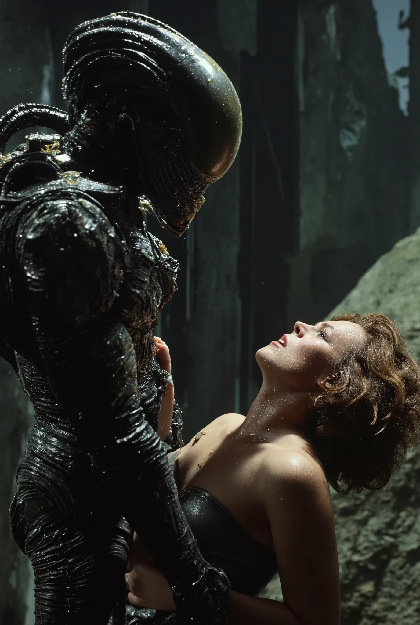 a massive xenomorph dick fuck unconscious Ellen Ripley pussy hard, Ellen Ripley is gunge all over her body and cum on her face