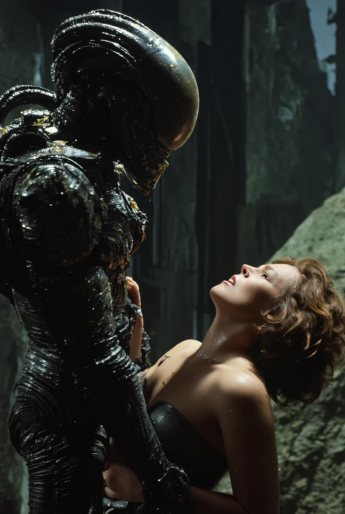 a massive xenomorph dick fuck unconscious Ellen Ripley pussy hard, Ellen Ripley is gunge all over her body and cum on her face