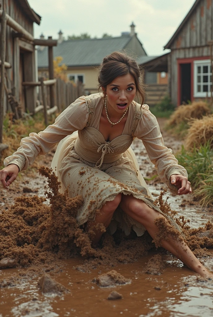 Hyperrealistic photograph of a 30-year-old woman smeared with mud, Lena Meyer Landrut, maid, underbust corset, ruffles, tulle skirt smeared with mud, squatting on the floor, high heels smeared with mud, the entire body, red curly hair and clothes are smeared with mud, high quality, realistic lighting, center of the image, hourglass proportions, 8k, HDR, BDSM, medium chest size, long legs,  tinted, professional photography of a woman, natural skin texture smeared with a lot of mud, 4K textures, Adobe Lightroom, Photolab, HDR, intricate, elegant, very detailed, sharp focus, insane details, intricate details, hyper-detailed, bright cinema light, outdoor atmosphere, chin pulled up, (exposed belly: 1.8), (remote shot), dominant facial expression