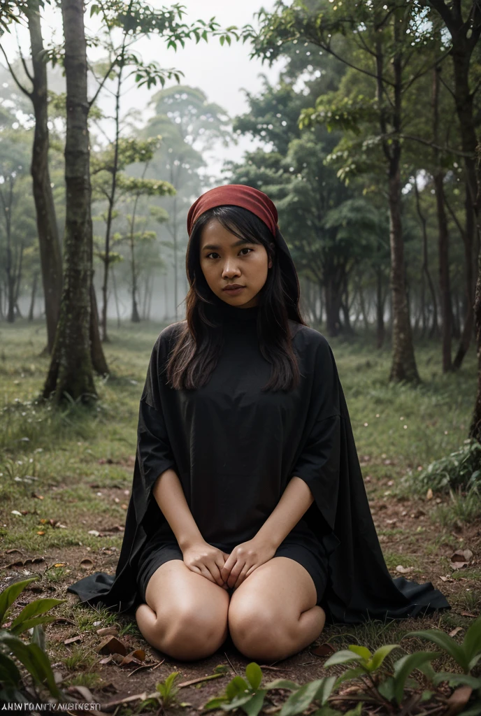 Indonesia, very cute beautiful woman cutting throat of a boy ninja blindfold bloody throat, bright