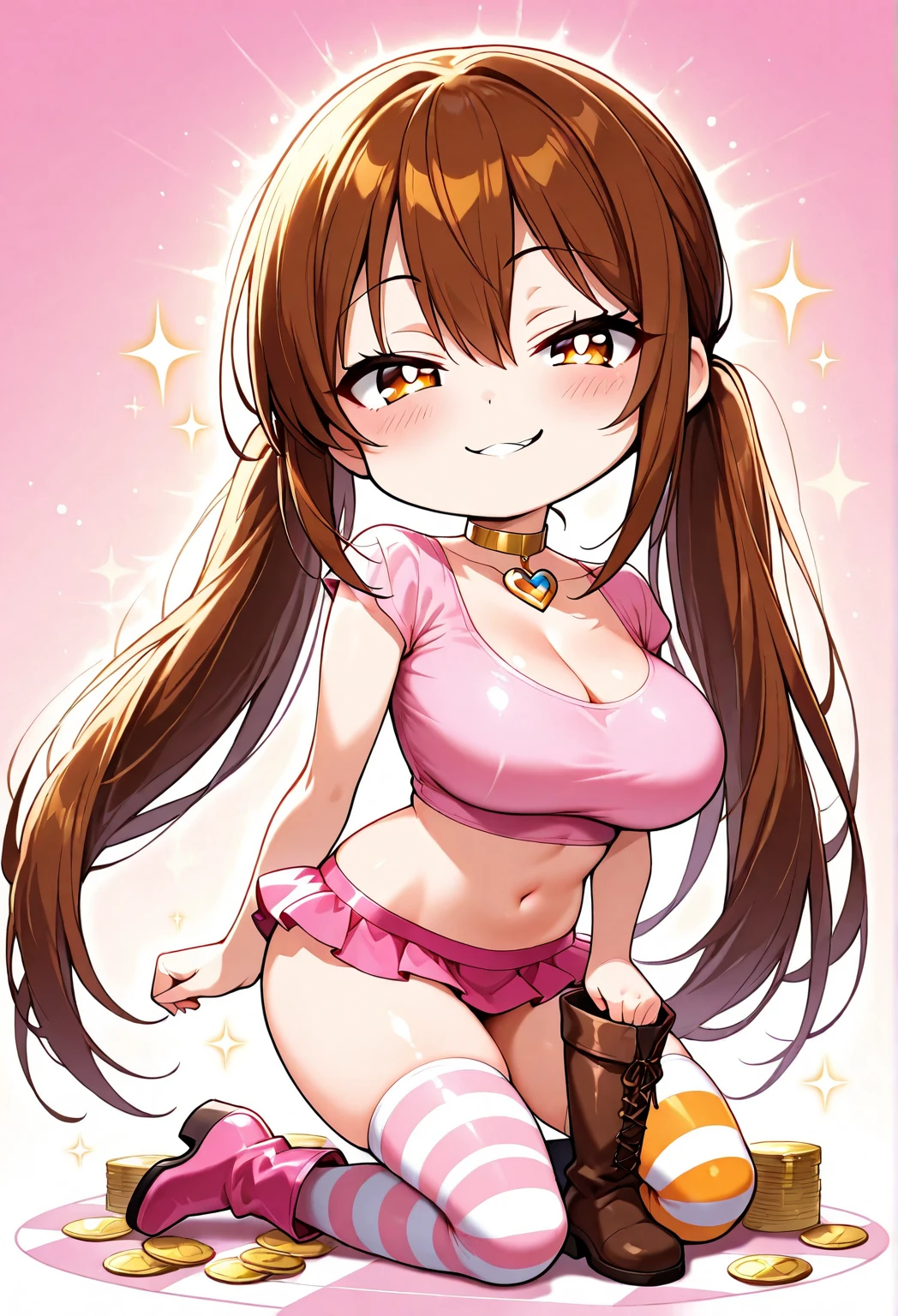 masterpiece, best quality, ultra-detailed, kawaii, cute, lovely, sexy, ero, extremely detailed, 4K, 8K, best quality, beautiful, anime style, latex bodysuit, beautiful eyes, large breast, tattoo, ahegao,imai lisa,bang dream!,brown hair,green eyes,ponytail,long hair,bangs,parted bangs,sideburns,long locks,side locks,medium breasts,denim shorts,salmon pink shirt,groin,off shoulder,necklace,short sleeves, leaning forward,seductive smile,see-through,lift up skirt,cleavage between breasts,seductive smile,naughty expression,camisole,lift up skirt,sexy pose,seductive smile,heart-shaped pupils