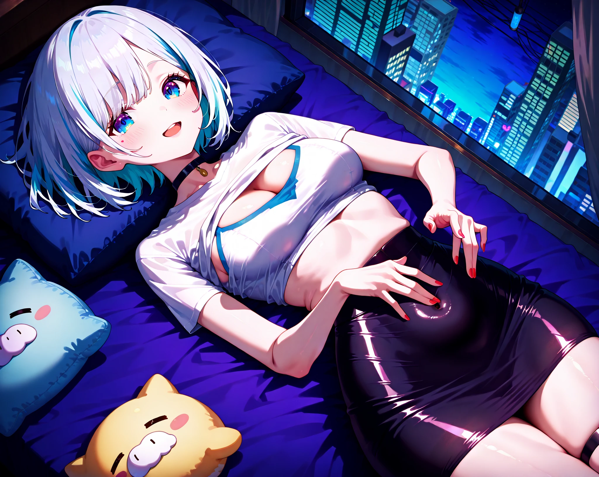 (embedded: cute) Sitting on the couch glowing, Wet, sticky scales, ((Long Hair)|(nail)), a cute face with frightened ((Big eyes)|(blue eyes)) and cute lips under the dark glow of the TV, Surrounded by comfortable pillows、 (subtle)|(intense) The smell of the room.