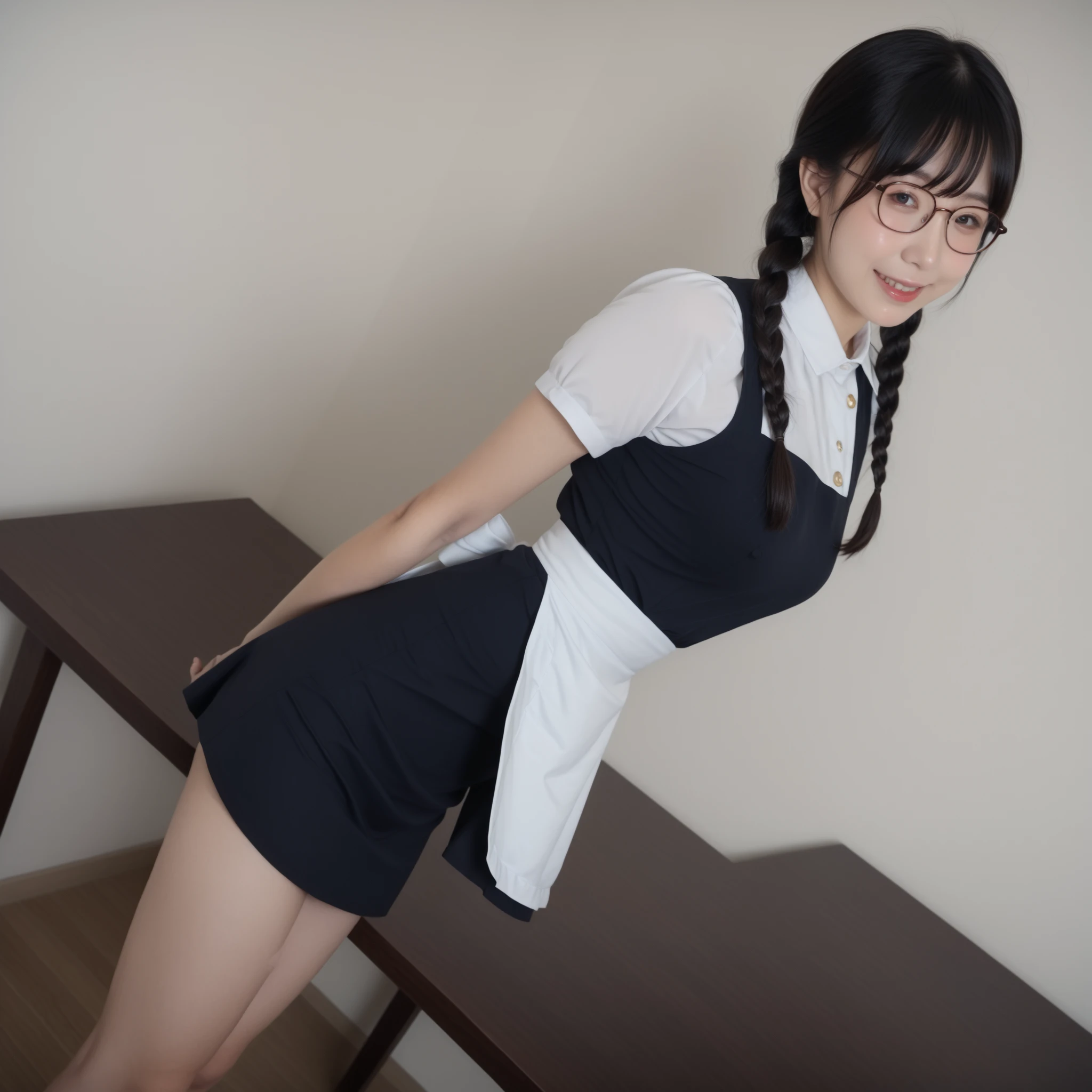 Highest quality、masterpiece、8k、Very detailed、Realistic、(One girl)、bed、(Looking at me with a smile:1.5)、whole body、Braid、Glasses、Black Hair、Small face、(Slender:1.2)、(Big Breasts:1.4)、(A tight, buttoned, sleeveless sailor suit:1.2)、(Short tight skirt:1.2)、(Squat with your legs wide apart:1.4)、(Angle from below:1.4)、(Cowboy Position)、Spanning the dick