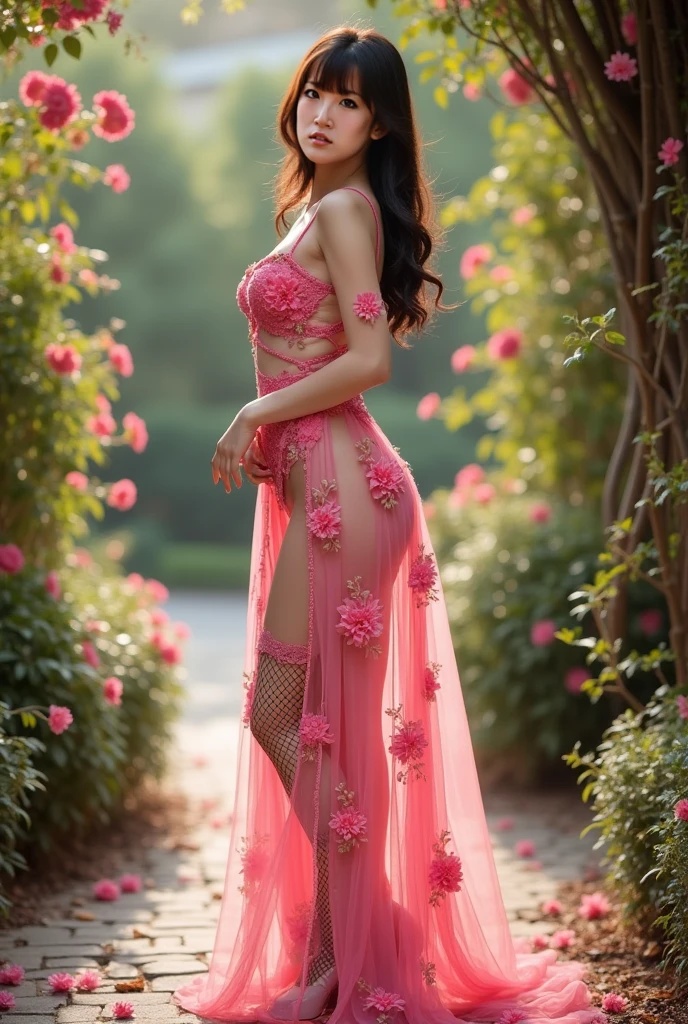 Portrait, (((photorealistic portrait))), (((hyperrealistic portrait))). Beautiful (sexy young woman), long dark hair, (beautiful face), (((correct anatomy, correct body proportions))), correct hands, correct hands, correct hands, ((beautiful hands)), ((smooth fingers)), (dressed) in red (((erotic lace transparent dress))), against the backdrop of a lake in the garden, a garden with beautiful flowers on the branches of trees, a beautiful sky, 8k uhd, dslr, soft lighting, quality, film grain, Fujifilm XT3