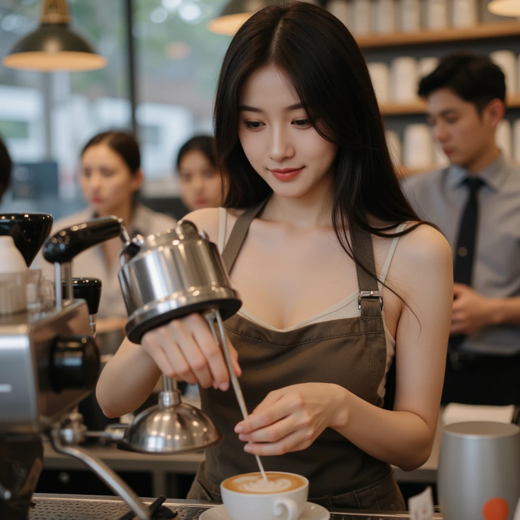 Realistic oil paint highly detailed, beautiful Thai girl, brown eyes, wearing a white t-shirt and jeans, pouring coffee from a pitcher into a coffee mug. White coffee shop background ,barista table .The atmosphere is quiet.