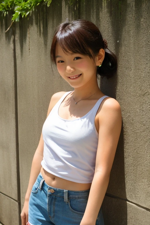 (The body is facing the viewer), (the body is facing the front), Lens 135mm f1.8, (highest quality),(RAW photo), , (Beautiful 15 year old Japanese girl), cute face, (deeply carved face:0.7), (freckles:0.6), ,dramatic , (japanese school (croptop) light_red tanktop), (inside the school), shy, low twintails, , (smile),, (sparkling eyes)、(full_body standing),((photo from the thigh up)) ,