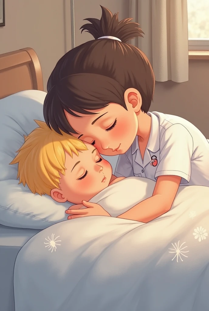 Create from scratch a fictional boy with pale skin, Blue eyes and shoulder-length honey brown hair, with a somewhat delicate appearance, Now holding a newborn baby with black hair and blue eyes, while lying in a hospital bed, anime style