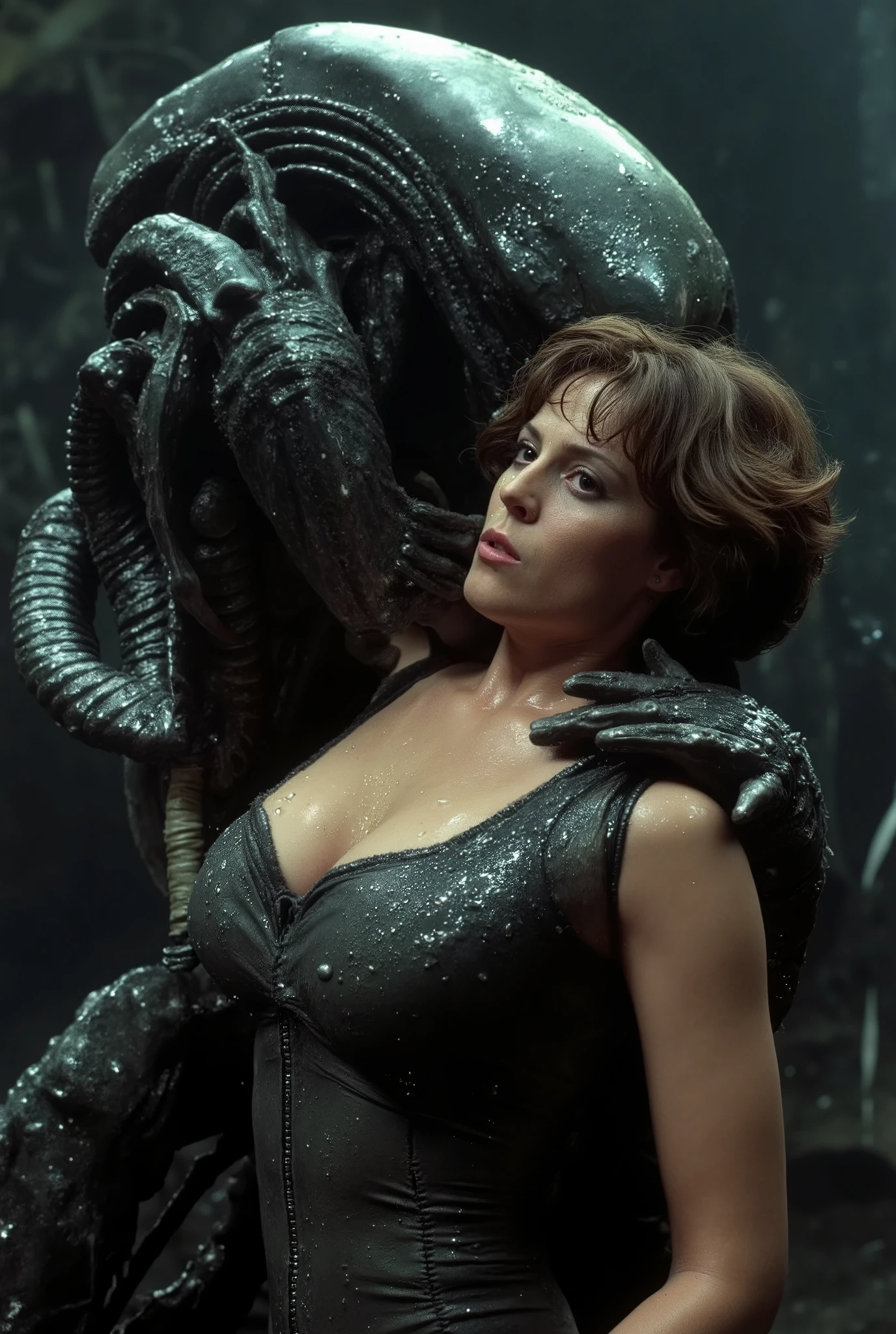 a massive xenomorph dick fuck unconscious Ellen Ripley pussy hard, Ellen Ripley is gunge all over her body and cum on her face