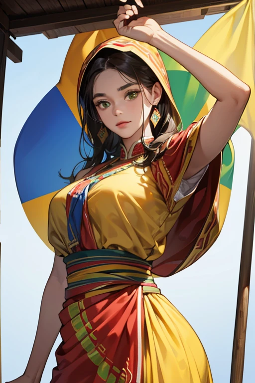 An eastern javanese woman, loose clothes, fantasy, tanned skin, brown skin, short south east asian, modest, fantasy attire, traditional clothes, hair in a bun, skinny, short, black eyes, small face, narrow eyes