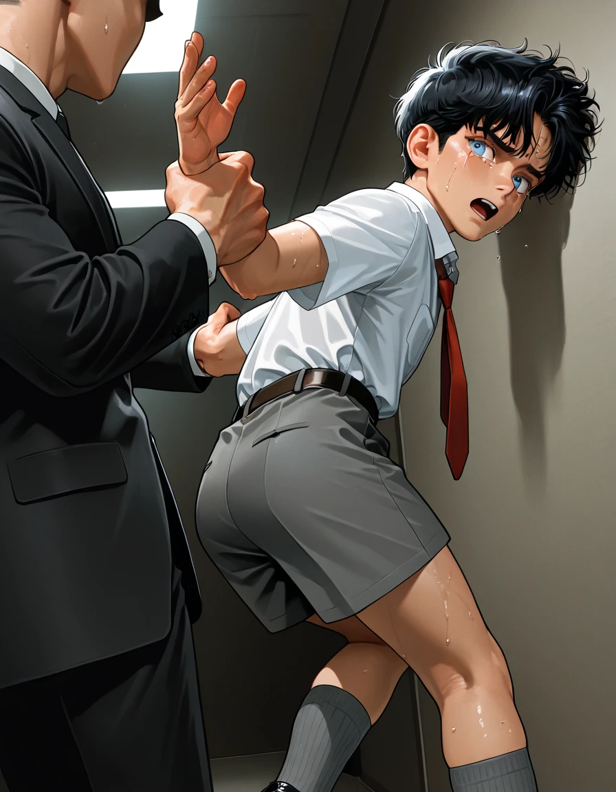score_9, score_8_wonderful, score_7_wonderful, sauce_anime,Ace of Diamonds,Sawamura,Male Focus,1 male,No pants,Red tie,Auction,Long sleeve white shirt,On all fours,Place your hands on the floor,penis,Leash color,View your audience,Squat,humiliation,Obedience,slave