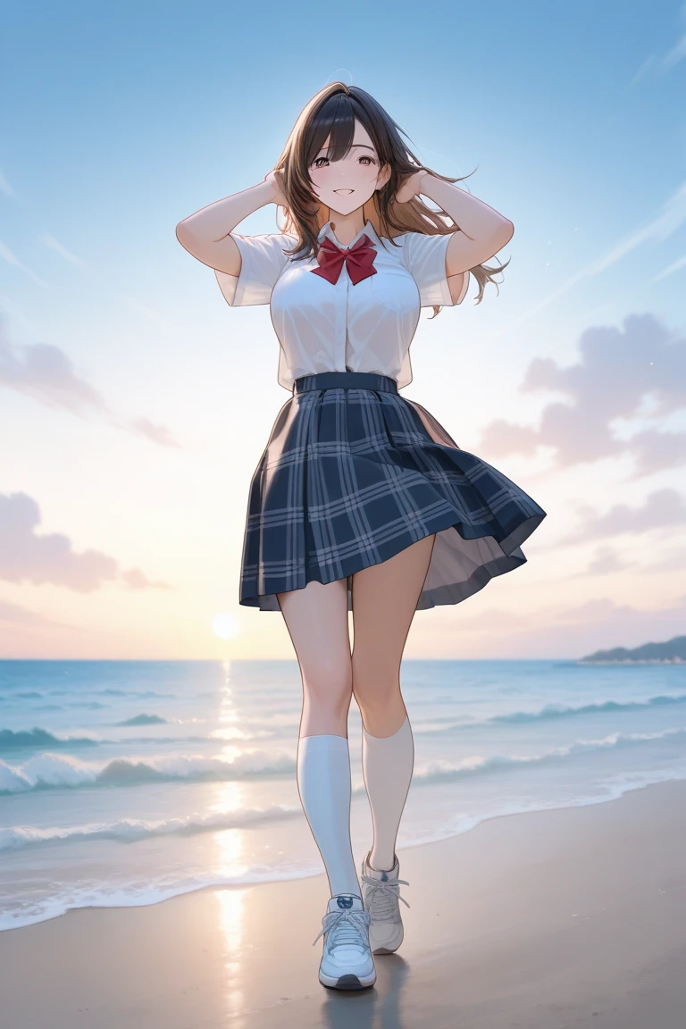 ultra detailed, highres, (realistic, photo-realistic:1.4), 8k, raw photo, (masterpiece), (best quality), physically-based rendering, Female college student, long brown hair, Korea, beach, looking, stocking, unbuttoned_white_shirt,
