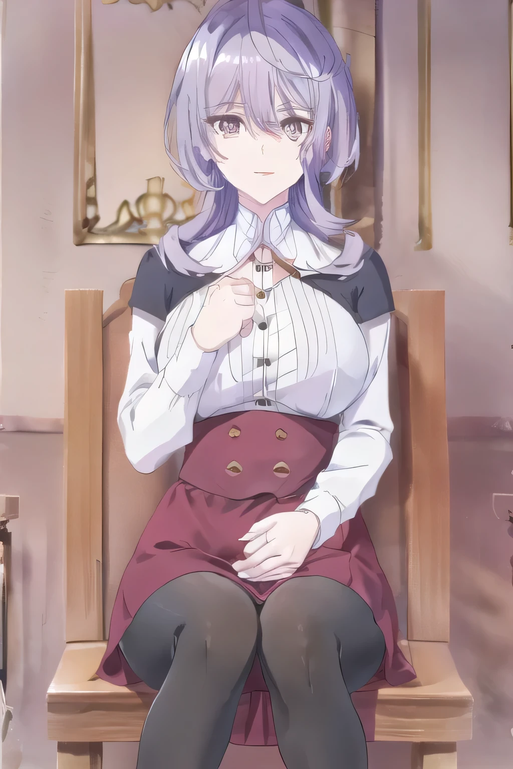 ,A woman with a lovely smile,(brown hairショート)brown hair,Please draw an office lady, dark blue suit ,white blouse,dark blue tight miniskirt、Crimson Hair、Crimson Hair,big boobs,big boobsでもウエストが細い,,face is absolutely necessary,Alone, city tour , accurate depiction of hands and feet ,,Big breastsと更にBig breastsを描いてください,cinematic lighting,high heels, Attractive 20 Year Old Woman , , , , Big breasts, thin waist , , ,face is absolutely necessary, accurate depiction of hands and feet ,black panties、Can you draw black two-high stockings、open legs, is sitting、