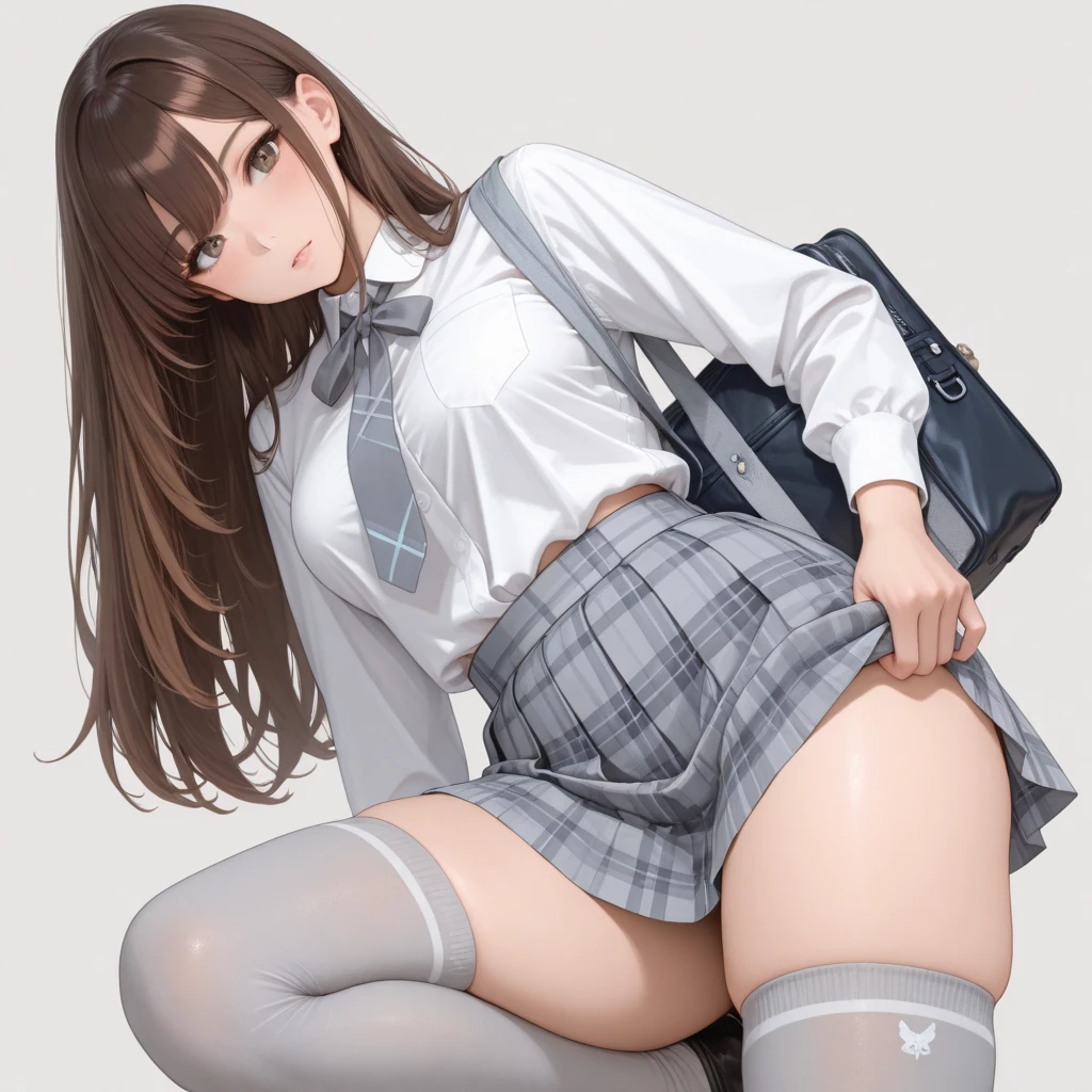 Long brown hair JK 17 years old Pleated skirt Blouse Pink eyes Black knee-high socks Straight Big tits Dildo Milking Pussy Masturbation