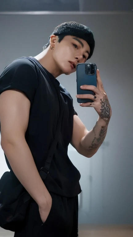 ((holding phone,cellphone picture,nudeP,1boy,solo, police officer costume, cowboy shot, face focus)),penis,testicles,short hair,muscular male,bara,