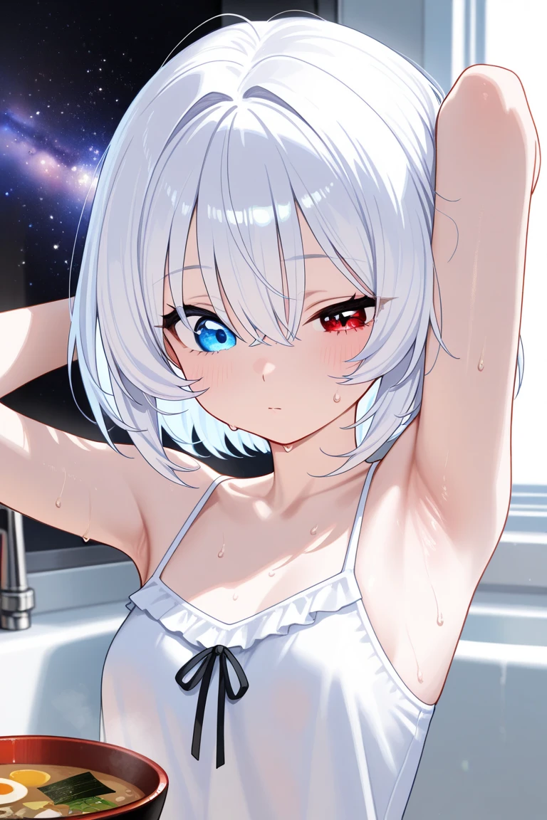 [one girl]、20th generation、silver hair、bob cut、[Mysterious Beautiful Girl]、white layered bikini、fox ears、With bangs、blue eyes、shy、Watery eye、sparkling eyes、narrow eyes、bed、cowboy shot、On my back、classic、aerial perspective、miniature、ethereal、（transparent）、（Pure）、 