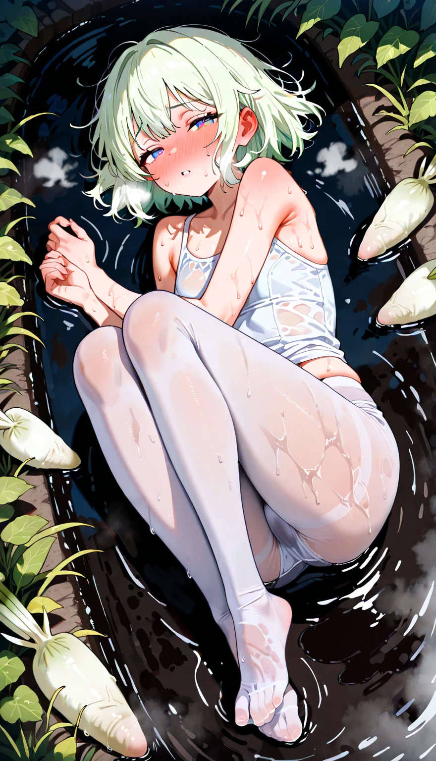 In Claude Monet style, Impressionism, 1girl, upper body focus, (white camisole dress), 14 year old, full body Esbian, short silver hair, pond, wet, ((curtsey)), nipples through, see-through, puffy nipples, bare breasts, {{{{vulgarity}}}}, bare pussy, spread legs, finger in oun pussy, small breasts, cum in pussy