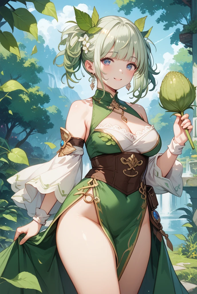 ((Leafeon)), anthropomorphic, big boobs, big ass, pokemorph, (((1girl))), (((green dress with pink frills))), (black belt), (black stockings), cute and sexy, (green heels), slender, tan skin, long legs