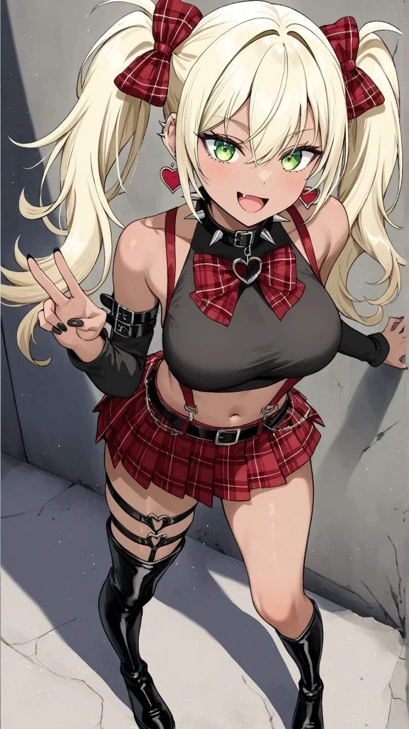 1girl,solo,long hair,blonde hair,hair between eyes,twintails,green eyes,fang,dark skin,dark-skinned female,gyaru,large breasts
,BREAK skirt,thighhighs,earrings,plaid skirt,jewelry,spikes,collar,detached sleeves,red skirt,boots,suspenders,plaid bow,black nails,navel,black footwear,spiked collar,bow,ribbon,nail polish,thigh boots,belt, crop top,ear piercing,choker,frills,asymmetrical legwear, thigh strap, plaid ribbon, pleated skirt, suspender skirt, miniskirt, piercing, lace trim, halftone, bare shoulders, spiked armlet, heart earrings,long sleeves,arm belt
,dynamic pose,outdoors,standing in front of a concrete wall,asphalt road,fashion shoot,full body,