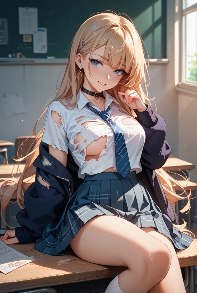 (((night,真night中))),Cinematic lighting，Bright lighting around the face、((Dark atmosphere)),((Perfect Anatomy:1.2,Realistic:1.3,Raw photo:1.3,masterpiece、highest quality、Ultra - High resolution、High resolution、Extremely detailed CG、8k)),((attractive way to sit)),((((Crouching pose)))),1 female,alone,18-year-old、High school girl beautiful girl,Japanese,((Beautiful and exquisite face and eyes:1.2,Big beautiful eyes:1.0,)),(Brighten your eyes),((Beautiful woman))、((Blonde)),Long Hair,(Center parted hair:1.4,amount),Medium chest,((slim body)),Small Head:1.3,skinny,(Brown Skin:1.8),(Oily skin,Glowing Skin,Shiny skin,Sweat:1.2),(((school uniform、Dark blue blazer jacket、((White Shirt))、Checkered pleated mini skirt))),(prostitution),((show off bra:1.2)),Dirty back alley、Tokyo、((Turn your body forward)),(lonely),((Feeling melancholy))、Stick out your crotch、(Apathy)，(Lucky)、((Expressionless))、(Feel the shadows)、I pretend to be calm, but I&#39;m actually anxious、(((Wearing light-colored underwear 1.4)))