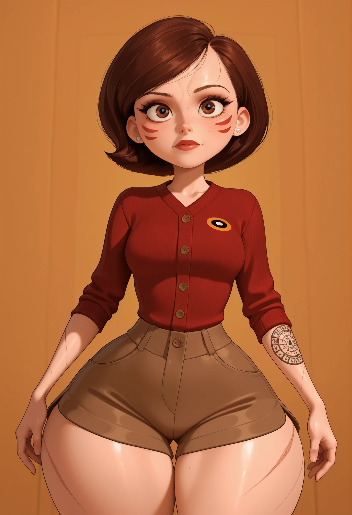 Helen Parr , a mature woman, medium  hair, beans_cut, brown  hair, brown eyes, big eyes, long eyelashes, middle chest, narrow waist, thick hips, huge thighs, fair skin, thin arms, earrings, makeup, pink lips, lipstick.|  masterpiece, better quality, inside, (in case :0.6), (speaker:1),  stylized , 1 girl, detailed face, face_dye, freckles, tribal arm tattoo, tribal_ Clothes, (scars), cardigan. shorts.  hair_flower, gatsby toast, with the daikon cooked, looks at the viewer
