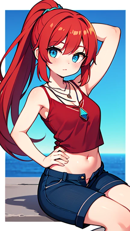 (masterpiece:1.2), (pale skin:1.2), (8k:1.2), (solo:1.2), (female:1.1), (emphasis lines:1.3), (mini bikini bra:1.2), (shorts:1.2), outdoors, city, (bracelets:1.1), (armbands:1.2), (red hair:1.1), blue eyes, long_hair, (thighhighs:1.1)