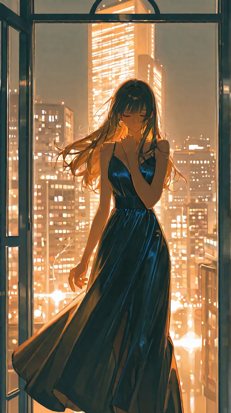 Masterpiece, Jennifer Connelly, cowboy shot, wearing sexy silk dress, perfect detailed eyes, on the balcony of a loft in New York City at nigth with buildings and lights in the background bringing an elegant and modern air to the scene, delicate smile on your face