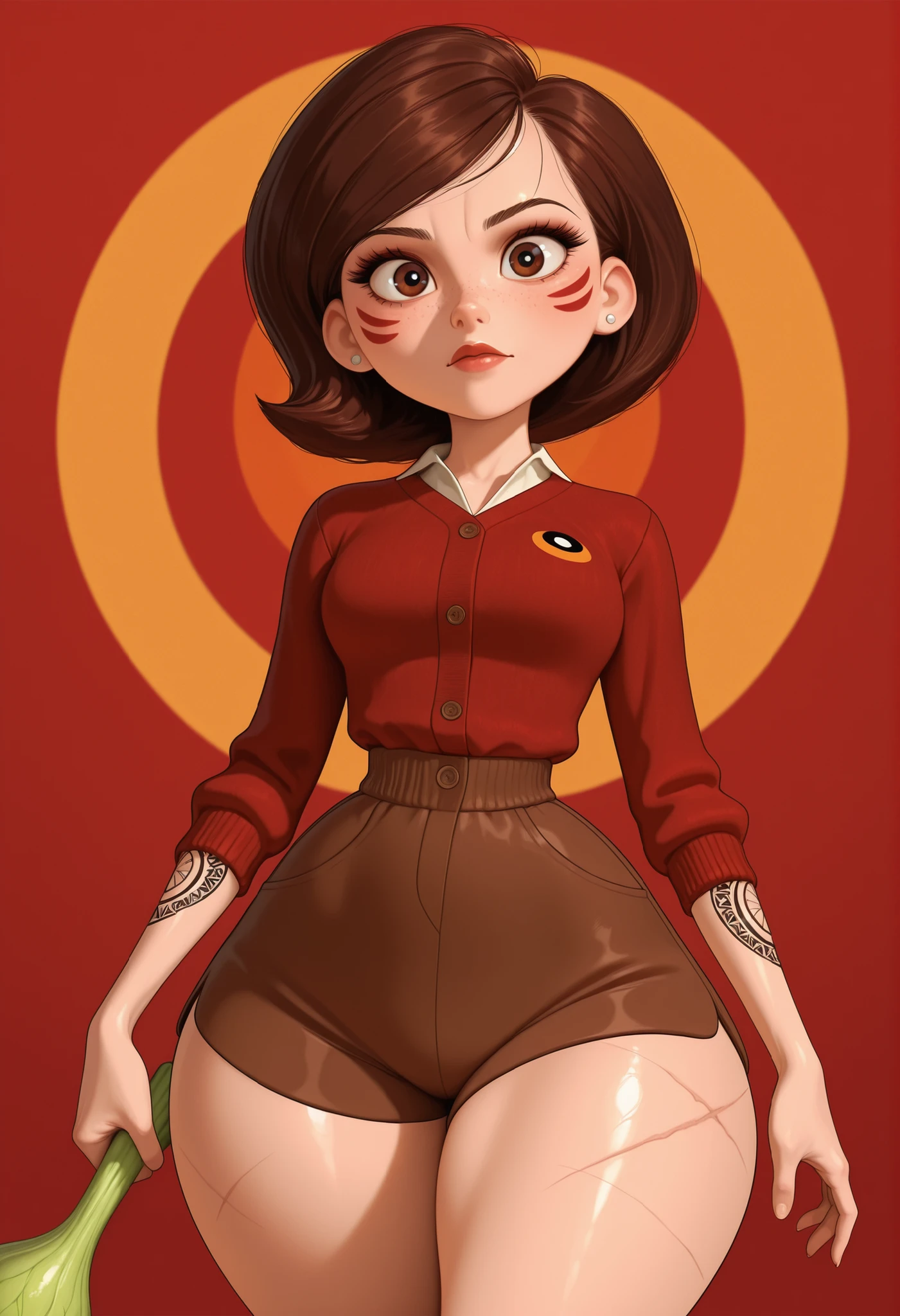 Helen Parr , mature female, medium hair, Bob_cut, brown hair, brown eyes, big eyes, long eyelashes, medium breasts, narrow waist, thick thighs, huge hips, fair skin, thin hands, earrings, makeup, pink lips, lipstick.|  masterpiece, best quality, incoth, (incase:0.6), (dynamic:1), stylized, 1girl, detailed face, face_paint, freckles, tribal arm tattoo, tribal_clothes, (scars), cardigan. shorts. hair_flower, gatsby toast, holding cooked Daikon, daikon, looking at viewer