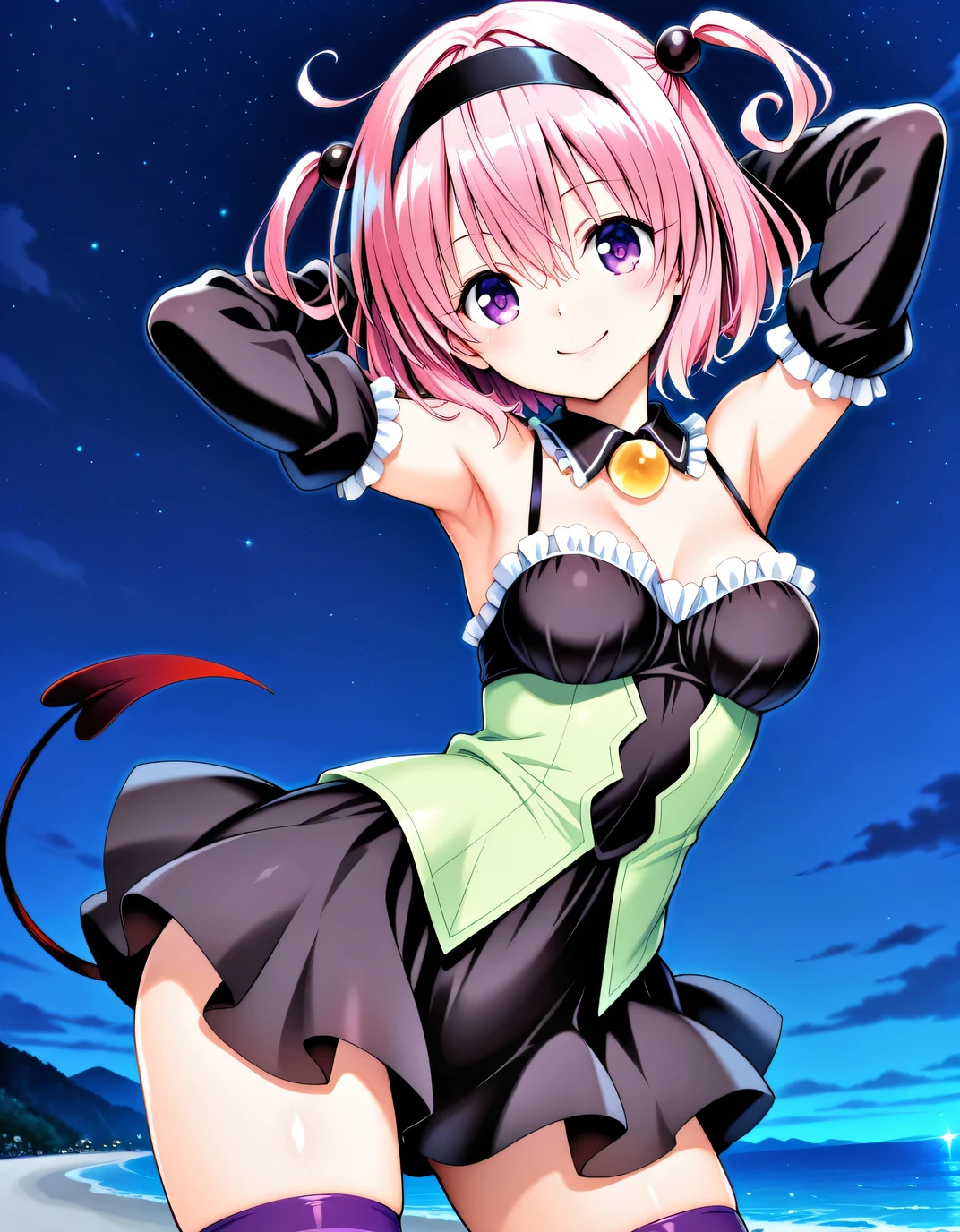 aamomo, short hair, pink hair, two side up, black hairband, purple eyes, medium breasts, demon tail, detached collar, bare shoulders, frills, black dress, green shirt, detached sleeves, striped thighhighs, anime screencap, shiny skin, high quality, solo, three-quarter cowboy shot, (contrapposto), hands behind head, closed mouth, night sky, beach, looking at viewer, smile, best quality