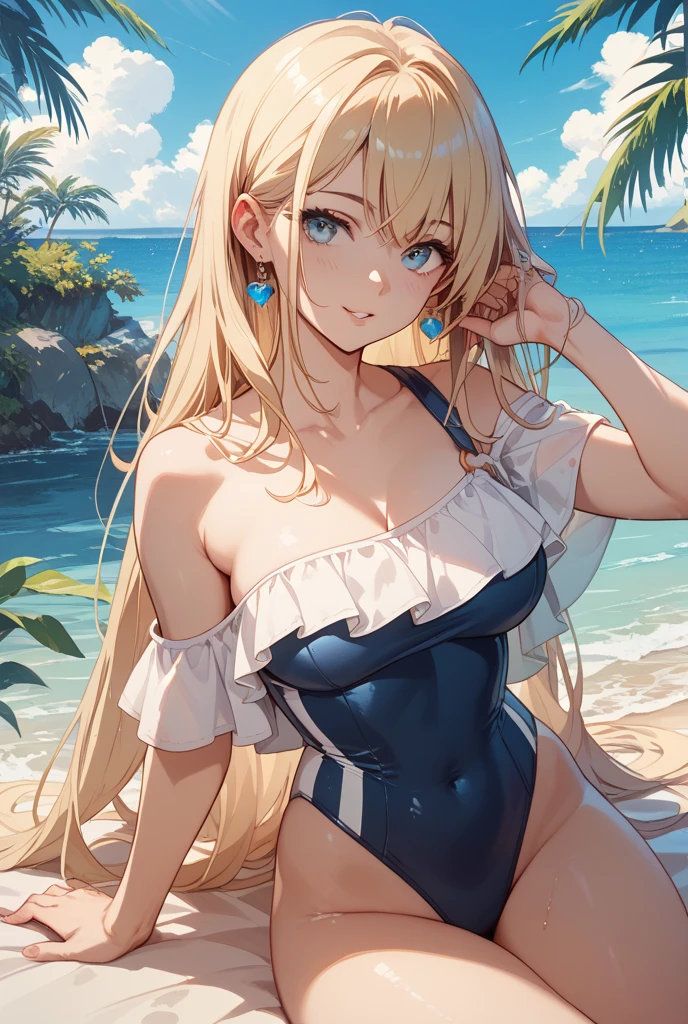 (8k), (best quality), (masterpiece: 1.2), (realistic), (photorealistic: 1.37), ultra detailed, one girl, viewer is watching, full body, 25 years old, blonde, leotard swimsuit, private beach