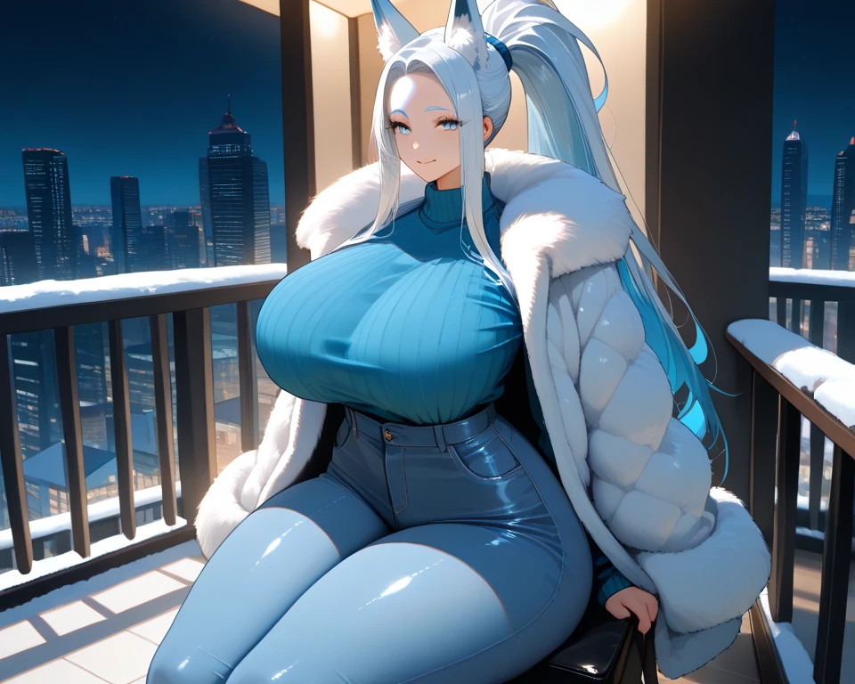 (masterpiece, best quality), 1girl, <lora:melony-nvwls-v1:1> pkmnMelony, fur hat, white scarf, white sweater, white shorts, leggings, white boots, huge breasts, very long hair