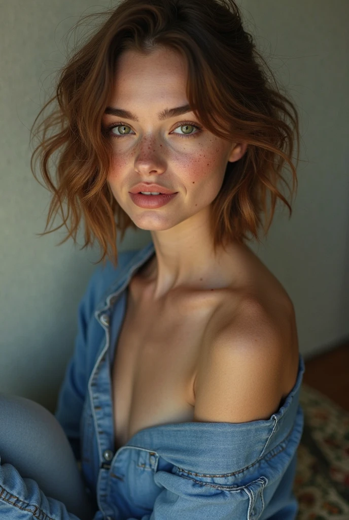 Top quality, (bright lighting: 0.7), masterpiece, big angle shot, RAW photo (pale 15-year-old Irishwoman, looking up at the viewer), cute, (undressed, disheveled, with bright red matted hair), (sitting), full-length portrait, perfect face, captivating eyes, bright details, pouting lips, (high skin detail), freckles, small breasts, (blue tint: 0.6), (dirty: 0.8), (bloody: 0.7), Key lighting, (backlight: 0.5), medium depth of field, Canon 5D, 50mm lens, f/4 aperture, (ultra-detailed, complex detail), sharp focus, soft colors, 8k, absurd, 8mm film grain, war photography,flirting with camera