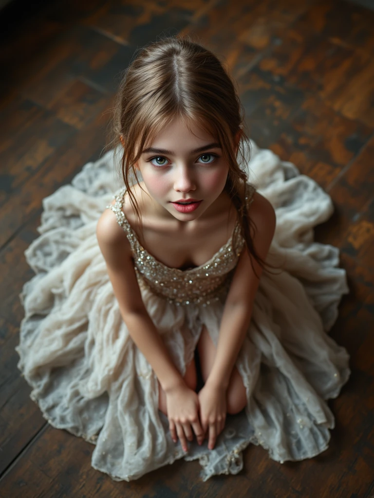 A small with long brown hair and blue eyes, very pretty, sadly crying in an old dress., In a beautiful palace-like house