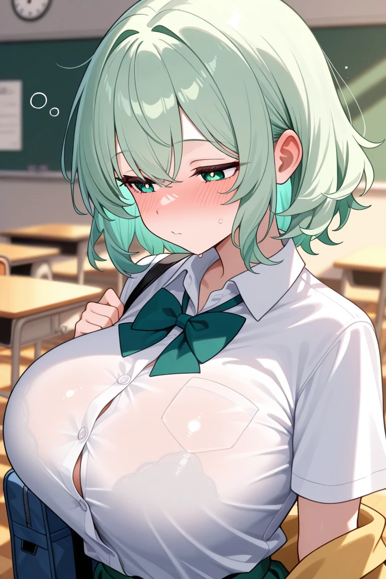 One Woman、Braided twin tails、Huge breasts、(Huge breasts:1.8)、Glasses、blue eyes、Green Hair、, (Daytime park background),Primary school students、(Primary school studentsの男の子達に見られている),(Primary school studentsの女の子達に見られている)、