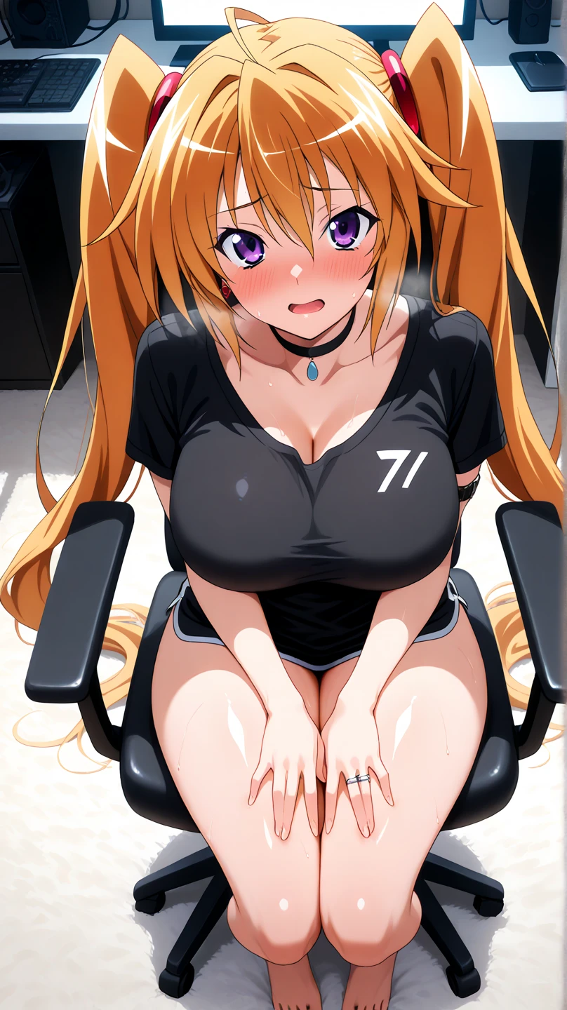 amy, ponytail, bangs, long hair, fox ears, fox tail, thick thighs, large brrasts, 1girl, wide hips, smile, ponytail, sports bra, spread legs, squatting, sneakers, shoes, thighhighs, black thighhighs