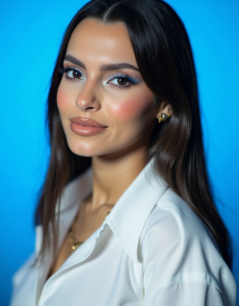 An Arab woman, fair skin and illuminated face, she wears bright red lipstick and eyeliner, the background is a light wall in a well-lit, realistic portrait mode photo, She is wearing a royal blue blazer and an off white blouse with a gold necklace and earrings. 