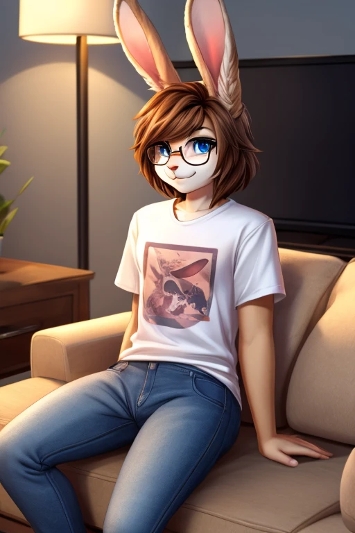 (best quality, highest quality, Detailed, highres, 8k, anthropomorphic, furry, uploaded_on_e621:1.4), 1boy, corgi, inside, bedroom, sitting on bed, black t shirt, black underwear, yellow fur and brown hair, glasses, looking at viewer, blue eyes, tongue out, blushing, open maw, hand on bulge,