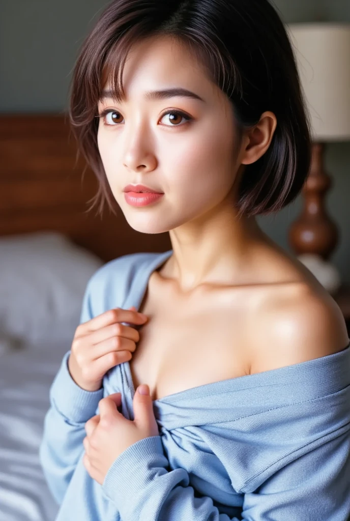 (masterpiece),(Highest quality:1.2),(Very detailed:1.2),(High resolution),(Photorealistic Stick),(RAW Photos),8K,Backlight,(Written boundary depth),(Sophisticated lighting:1.1), (Improving the lighting quality of movies:0.9),Dressed Woman,Soft portrait photography,Beautiful Japanese Woman,Gorgeous face portrait,(Eye light,Sharp pupils,Detailed eye drawing,)Very beautiful face,(Detailed skin texture:1.3),(Beautiful portrait:1.2),A lovely and delicate face,Beautiful young Japanese woman,Short Bob,Look here,High angle,(pov shot),(sleepy),Face close-up, T-Shirts,((Bedhead))
