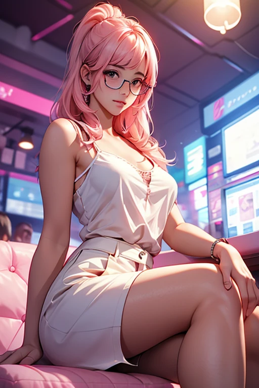 young woman, short shoulder-length pink hair, wide forehead, porcelain skin, pink eyebrows, big emerald green eyes, buttoned nose, full lips, heart-shaped face, slender body, small breasts, red tank top, Sakura Haruno , realistic, realism, details, 3d, well detailed
