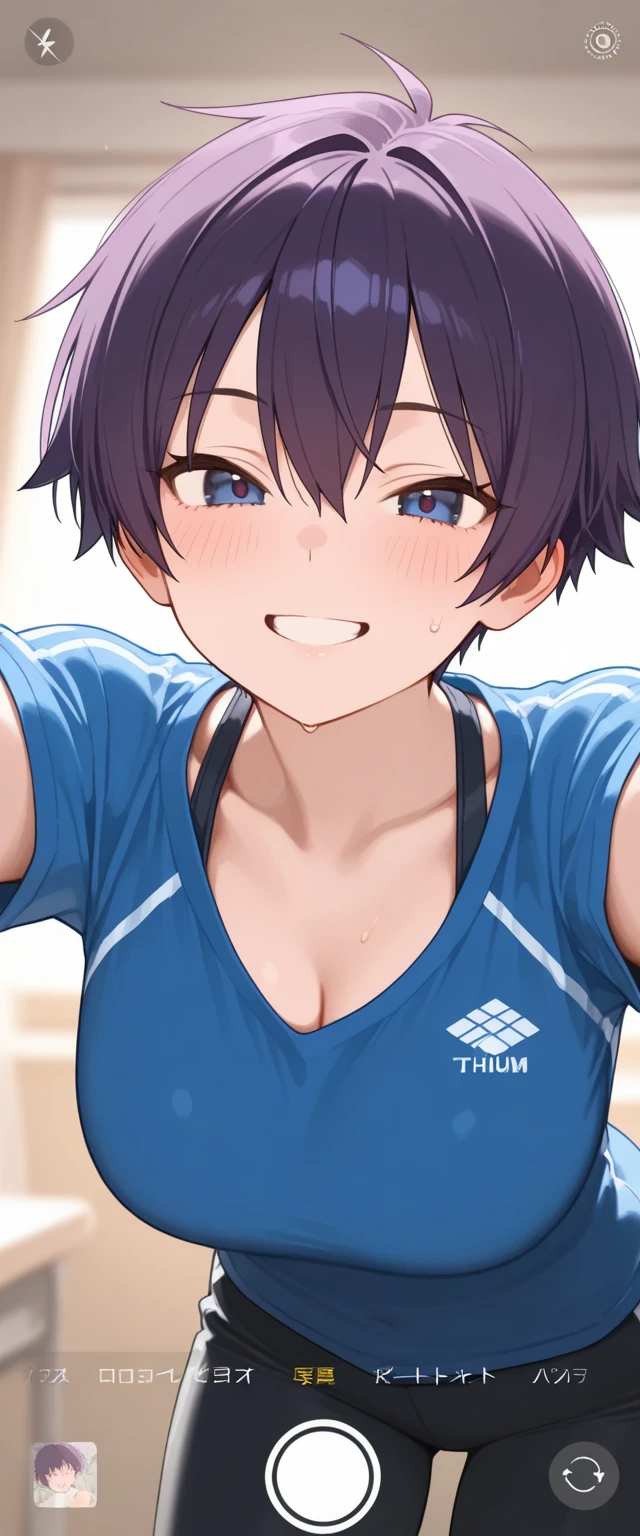 masterpiece, best quality, nagisa, looking at viewer, very large breasts, upper body, portrait, seductive smile, put your hands behind your head, armpits, armpits visible, sweaty armpits, wearing badminton uniform, on beach, tomboy, short hair