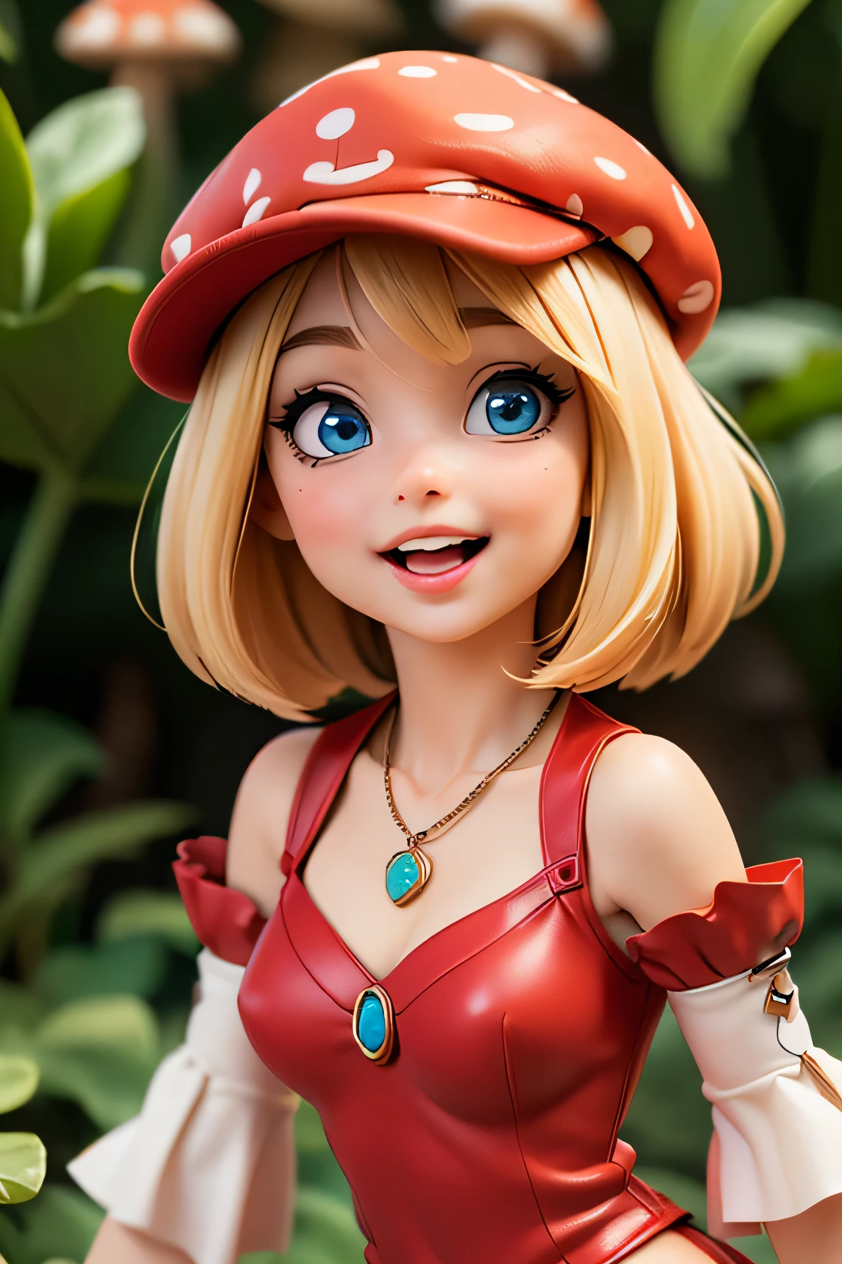 (((((Very tiny cute hyperrealistic girl))))), ((())), ((((red cap)))), (((round face))), ((((blond hair)))), (((blue eyes))), (((very tiny breast))), (((((very tiny body:1.9))))), (((medium hair))), ((((relm arrowny:1.6)))), (((open mouth))), (((cute big lips))), ((((close-up)))), (((necklace))), (((smooth arms and legs))), (((short ellbow sleeves)), (((open legs))), (((cute smile))), ((((very small arms and legs)))), (), (((jungle))), (((mushrooms))), ((((red outfit)))), ((((close-up))))