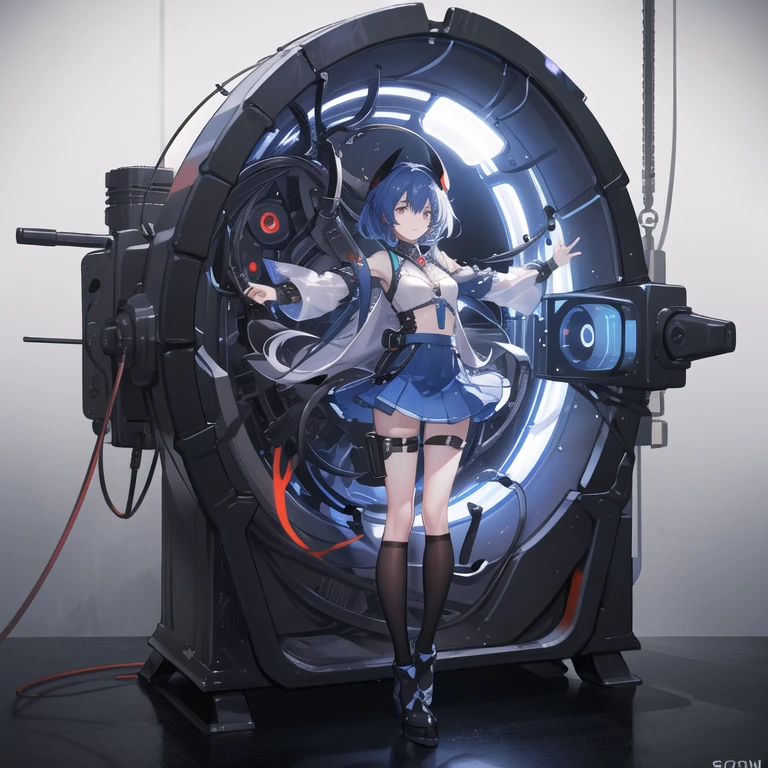 V-shaped swimsuit，(gigantic cleavage breasts:1.4)，black pantyhoses，black long hair，Mechanical helmet，no shoes，Full body like，Para cobrir seu rosto，Gas masks，exposing your navel，Expose the armpits，white backgrounid，simplebackground